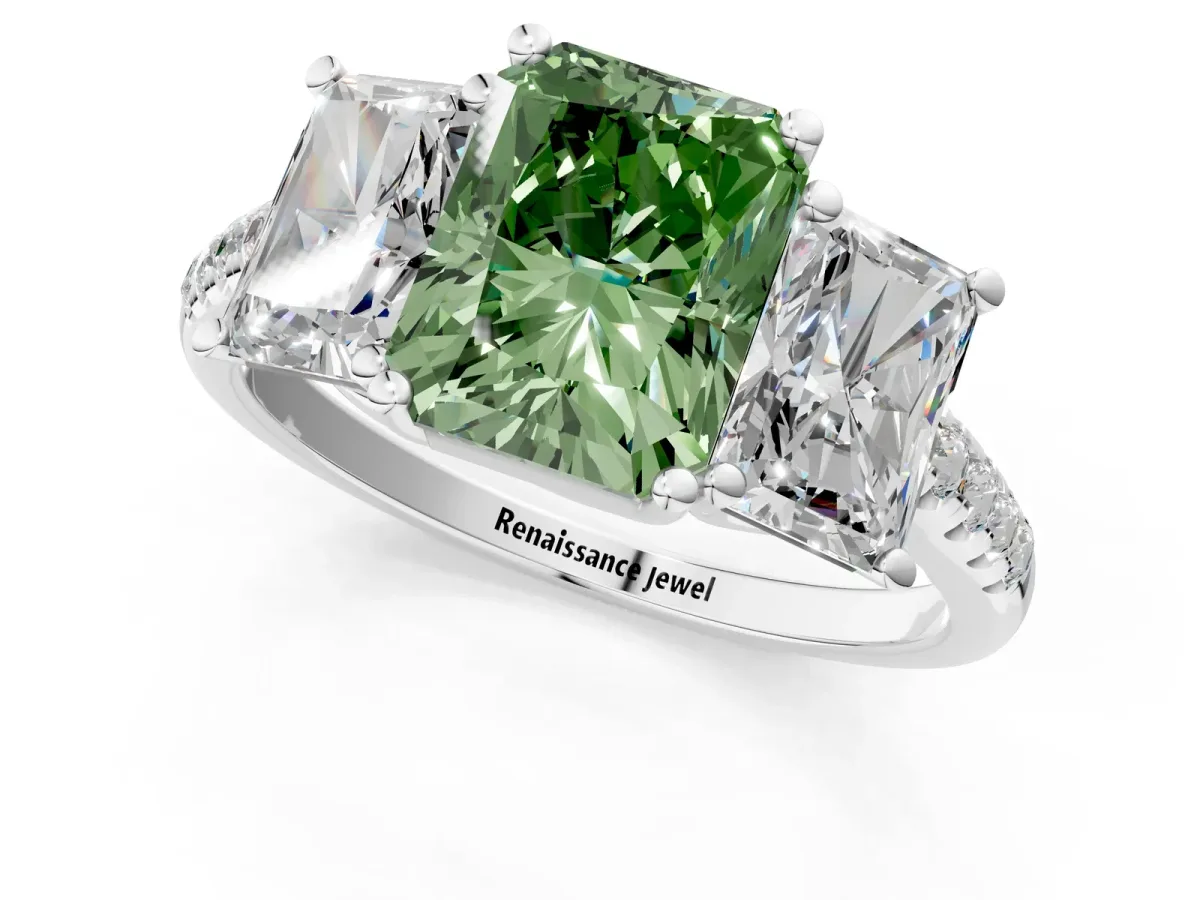 Fancy Green Three-Stone Radiant Cut Diamond Ring with Round Pavé Band and Prong Setting Silver