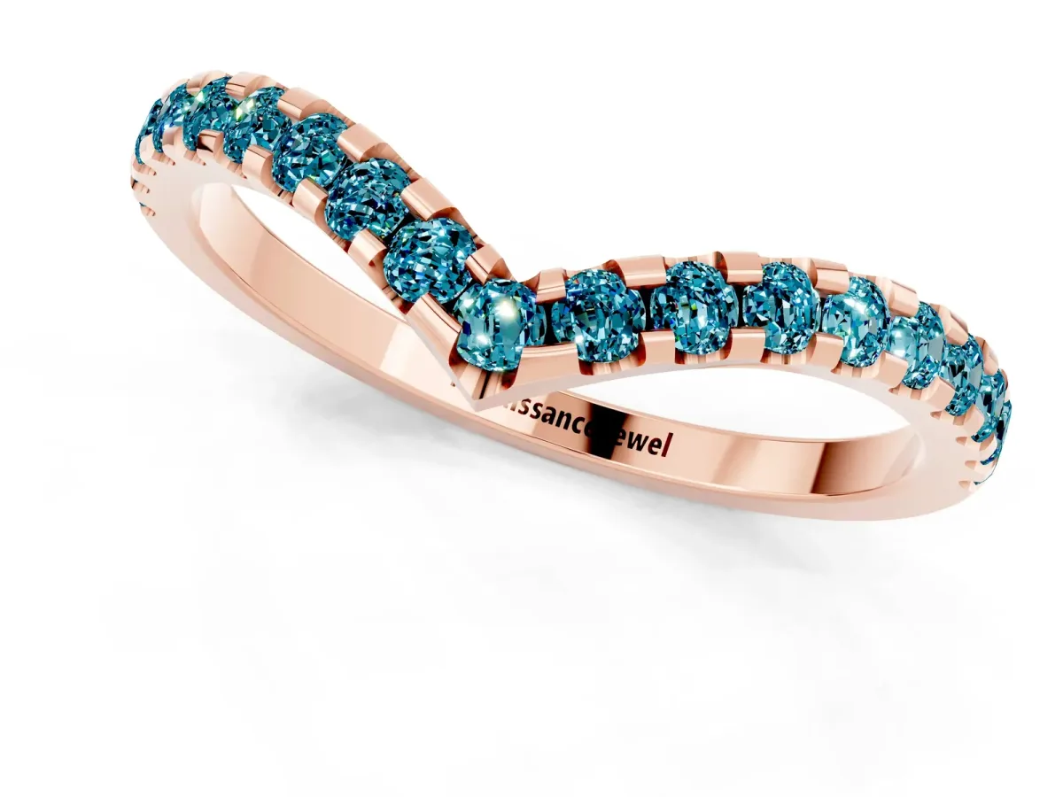 Pavé Round Blue Topaz Chevron Band with Shared Prong Setting Rose gold