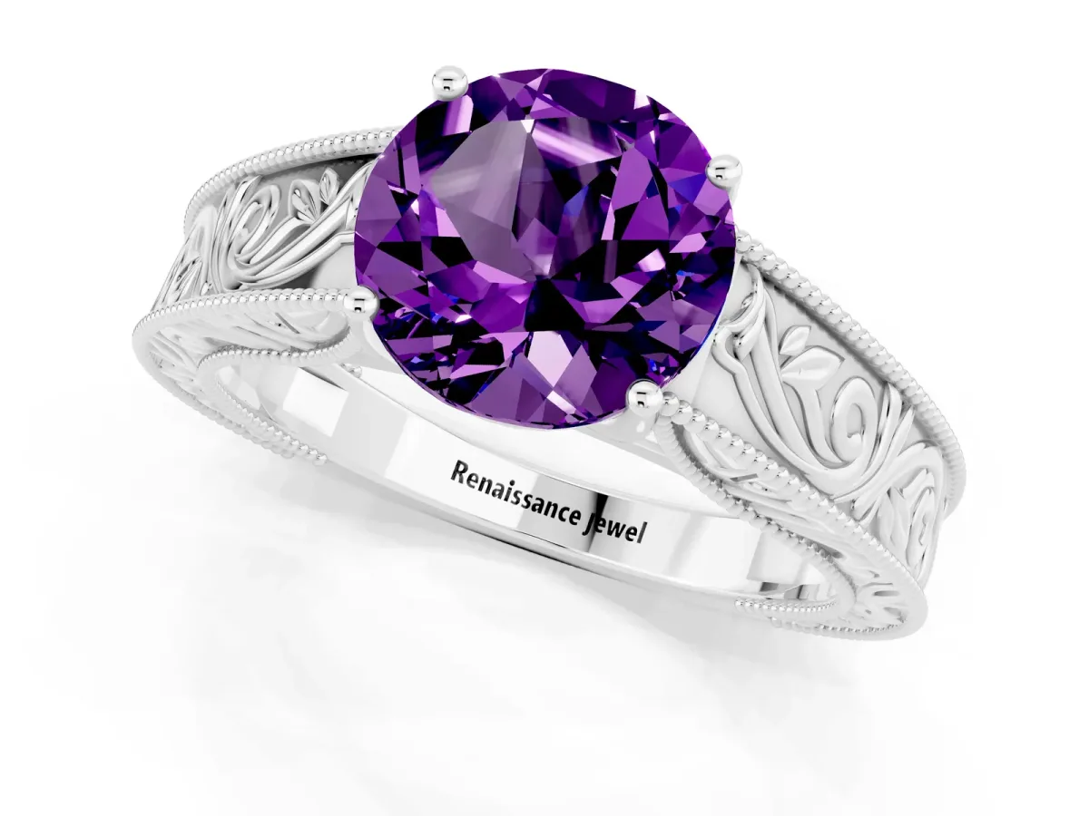 Round Cut Amethyst Solitaire Ring with Engraved Band and Four-Prong Setting White gold