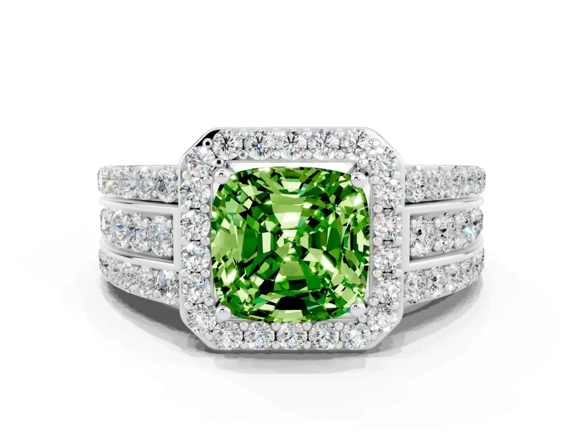 Cushion Cut Halo Peridot Ring with Round Split Shank and Prong Setting Silver