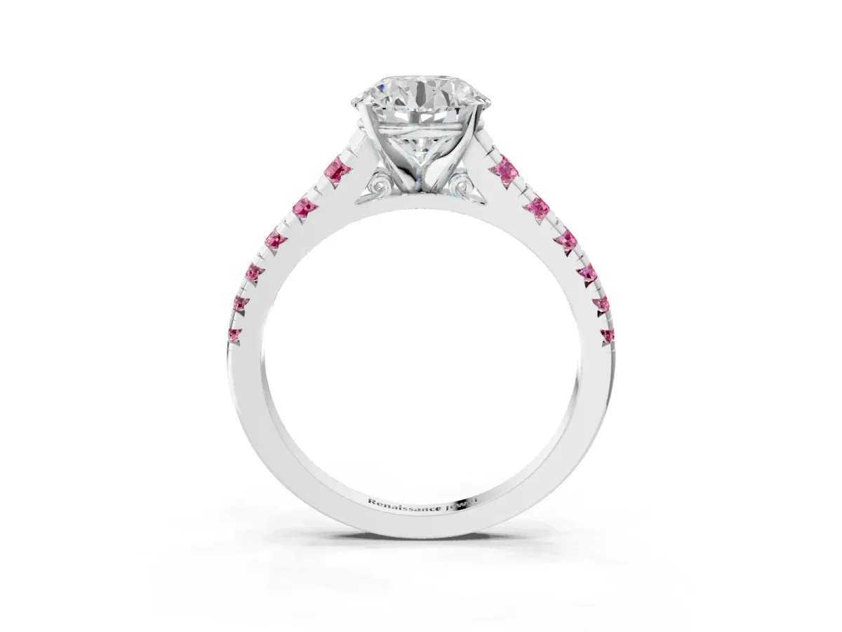 Round Cut Diamond Cathedral Solitaire Ring with Round Pink Sapphire Pavé Band Silver