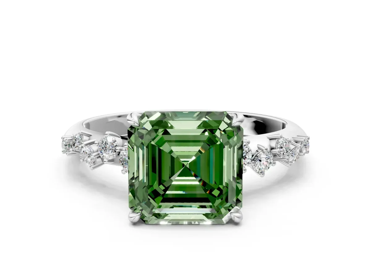 Fancy Green Asscher Cut Diamond Cluster Side Stone Solitaire Ring with Prong Setting Platinum