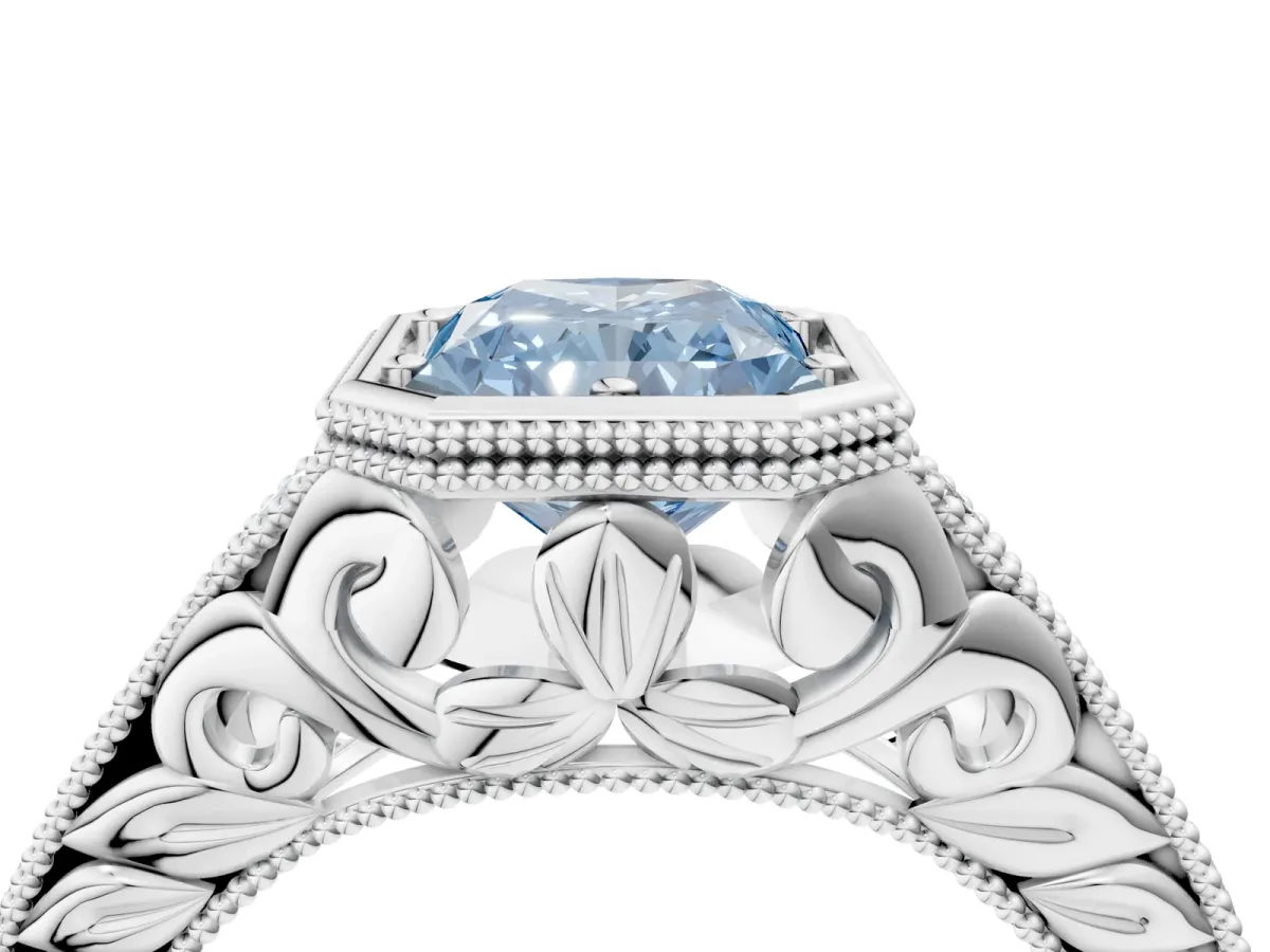 Fancy Blue Bezel Set Radiant Cut Diamond Milgrain Pave Engagement Ring Platinum