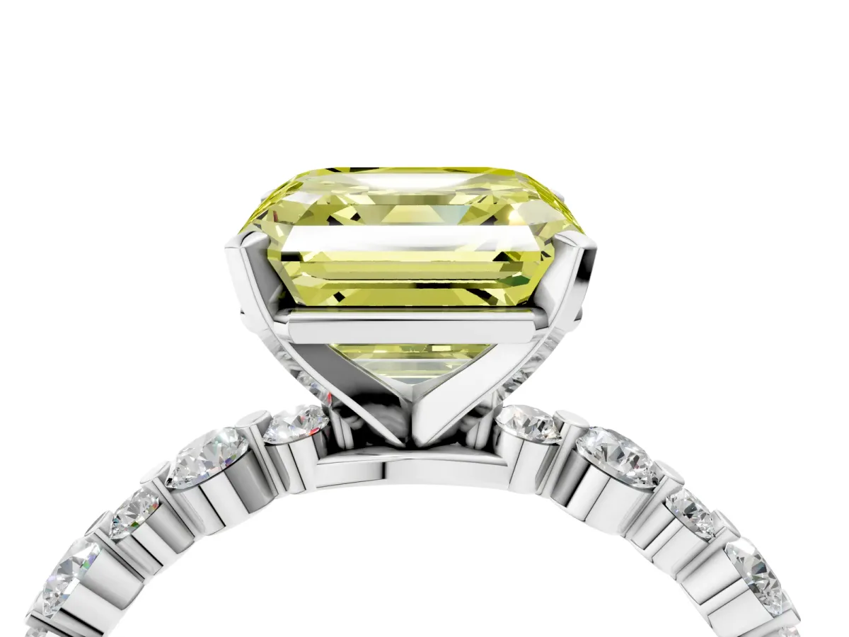 Fancy Yellow Asscher Cut Diamond Prong Set Engagement Ring with Pavé Band Platinum