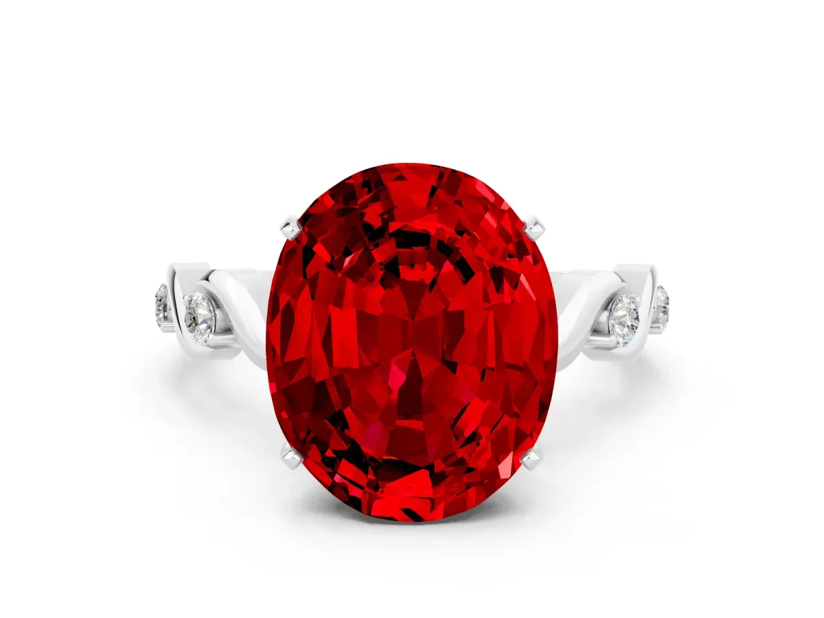 Oval Cut Ruby Solitaire Twisted Band with Round Accents and Prong Setting Silver