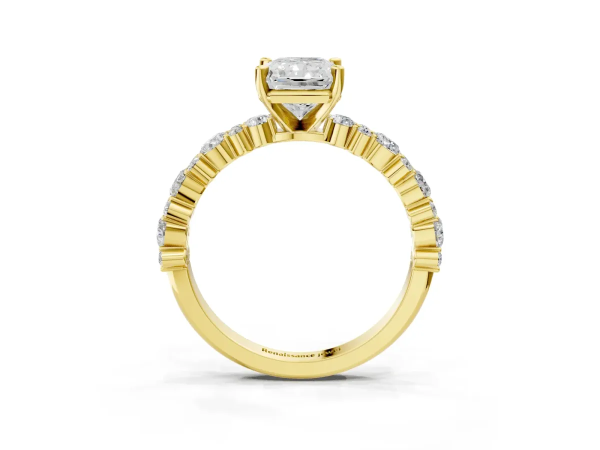 Radiant Cut Diamond Side Stone Solitaire Ring with Round and Four-Prong Setting Yellow gold