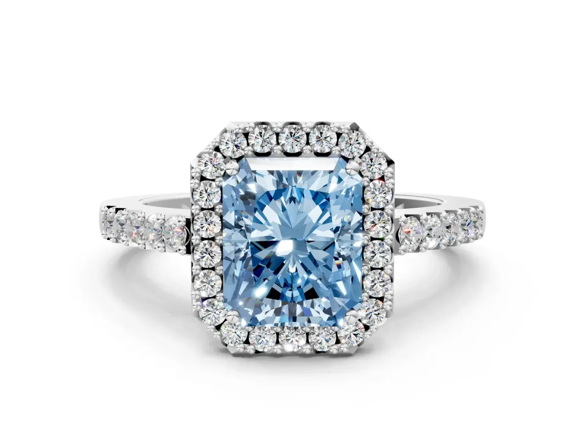 Fancy Blue Radiant Cut Halo Diamond Pavé Solitaire Ring Platinum