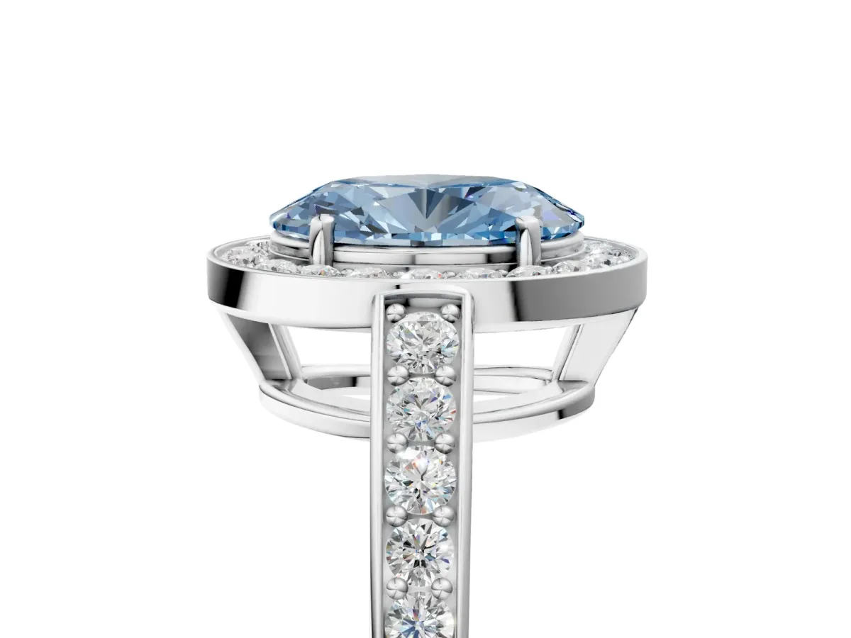 Fancy Blue Oval Cut Halo Pavé Diamond Engagement Ring with Bezel Setting Silver