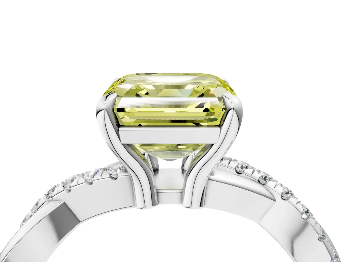 Fancy Yellow Asscher Cut Cut Twist Band Solitaire Diamond Ring with Pavé Setting Platinum