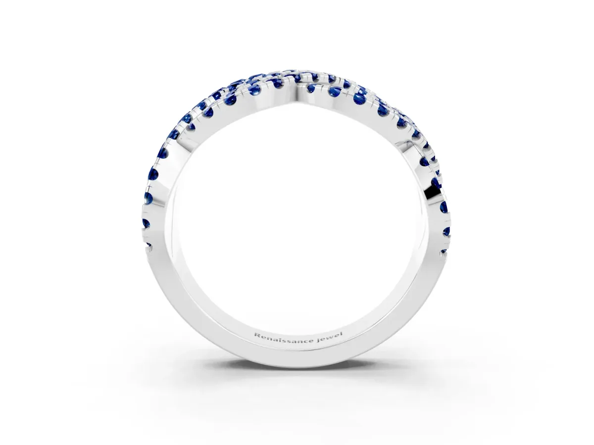 Pavé Round Blue Sapphire Infinity Twist Band with Shared Prong Setting Silver
