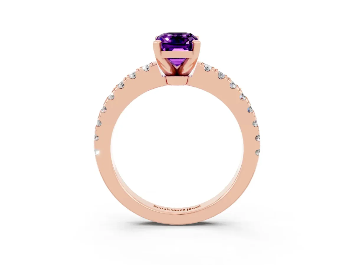 Emerald Cut Solitaire Amethyst with Pavé Band and Four-Prong Setting Rose gold