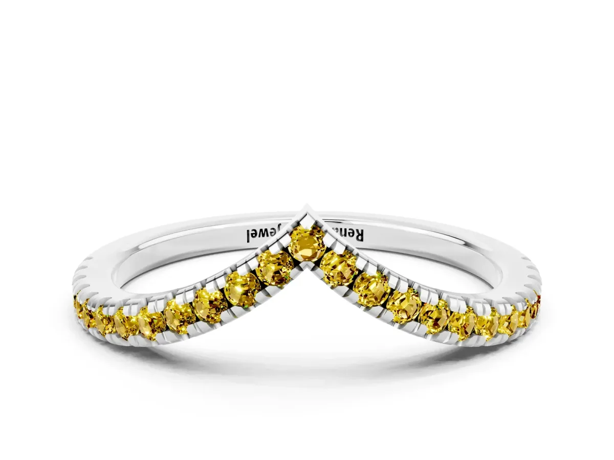 Pavé Round Yellow Sapphire V-Shaped Chevron Band with Shared Prong Setting Platinum