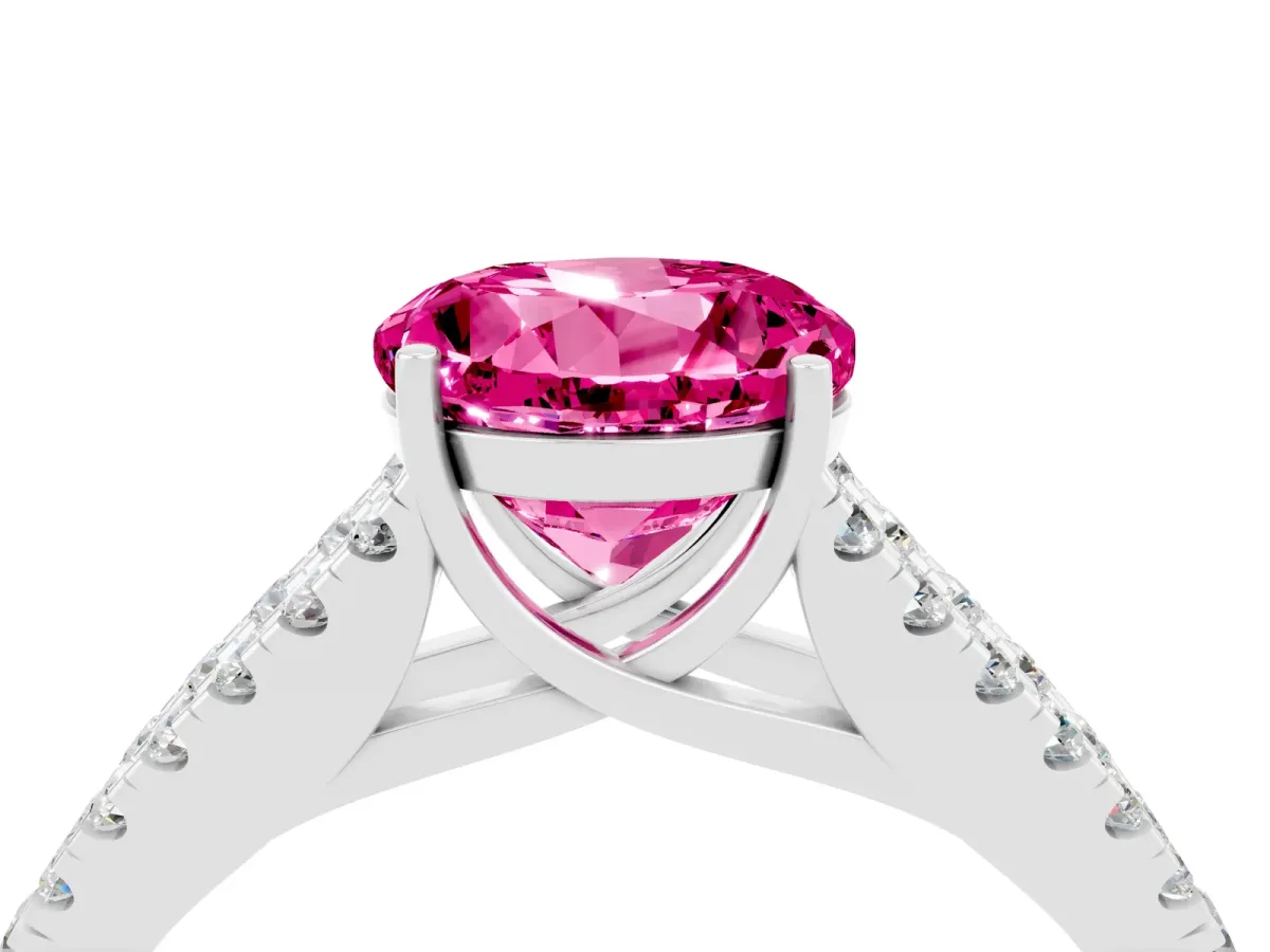 Round Cut Pink Sapphire Split Shank Engagement Ring with Round Pavé and Prong Setting Platinum