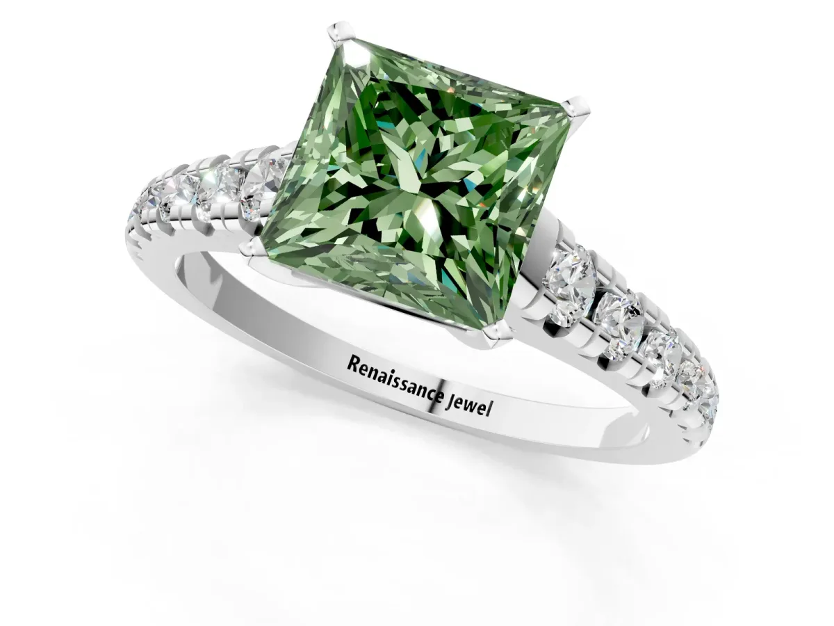 Fancy Green Princess Cut Diamond Cathedral Solitaire Ring with Round Pavé Band Silver