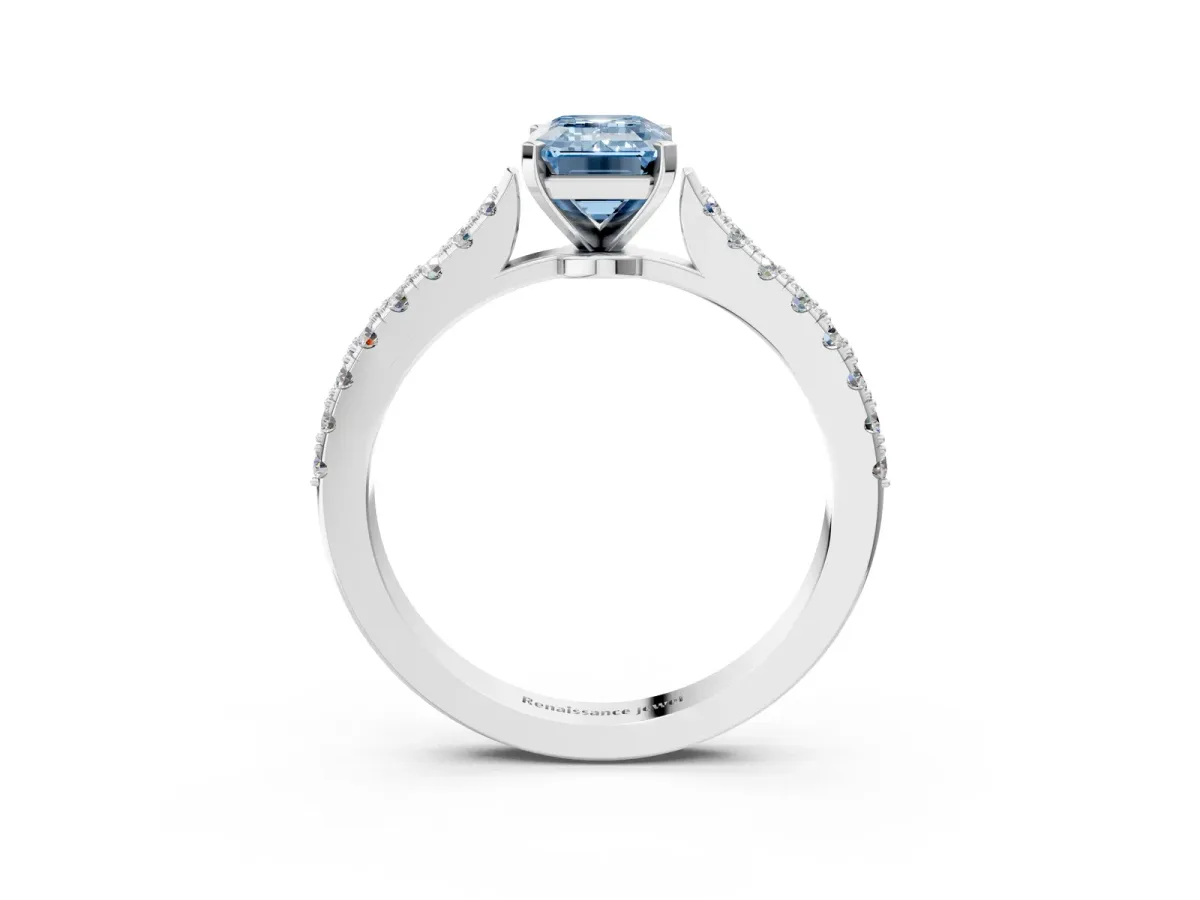 Fancy Blue Emerald Cut Cut Solitaire Diamond Engagement Ring with Pave Band and Four-Prong Setting Silver