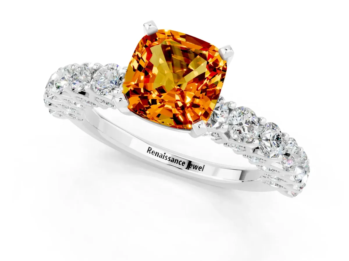 Cushion Cut Citrine Solitaire Ring with Shared Prong Pavé Band and Four-Prong Setting White gold