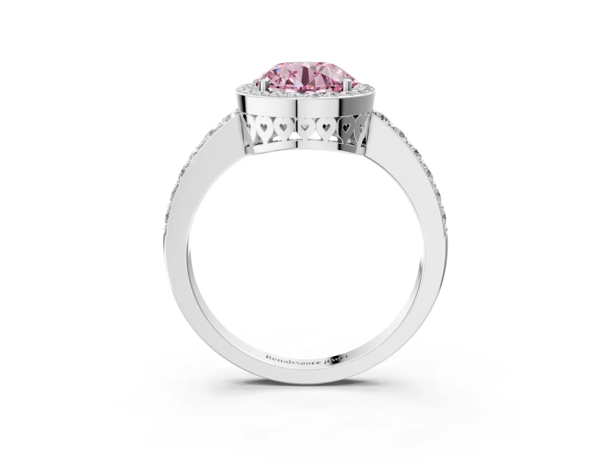 Fancy Pink Round Cut Halo Diamond Pavé Band Ring with Prong Setting Platinum