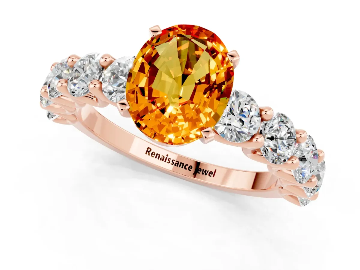 Oval Cut Citrine Prong Setting with Side Stones on a Pave Band Rose gold