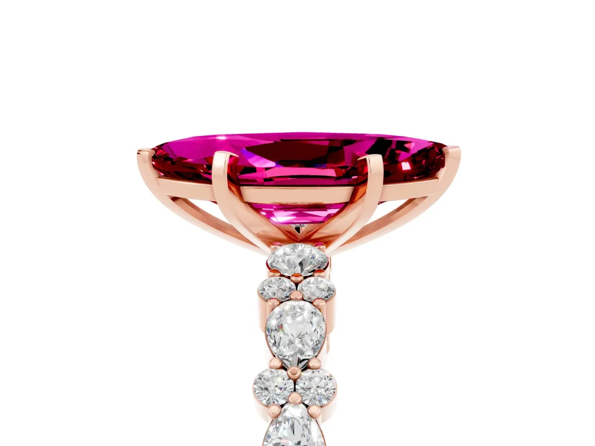 Marquise Cut Garnet Side Stone Solitaire Ring with Round and Four-Prong Setting Rose gold