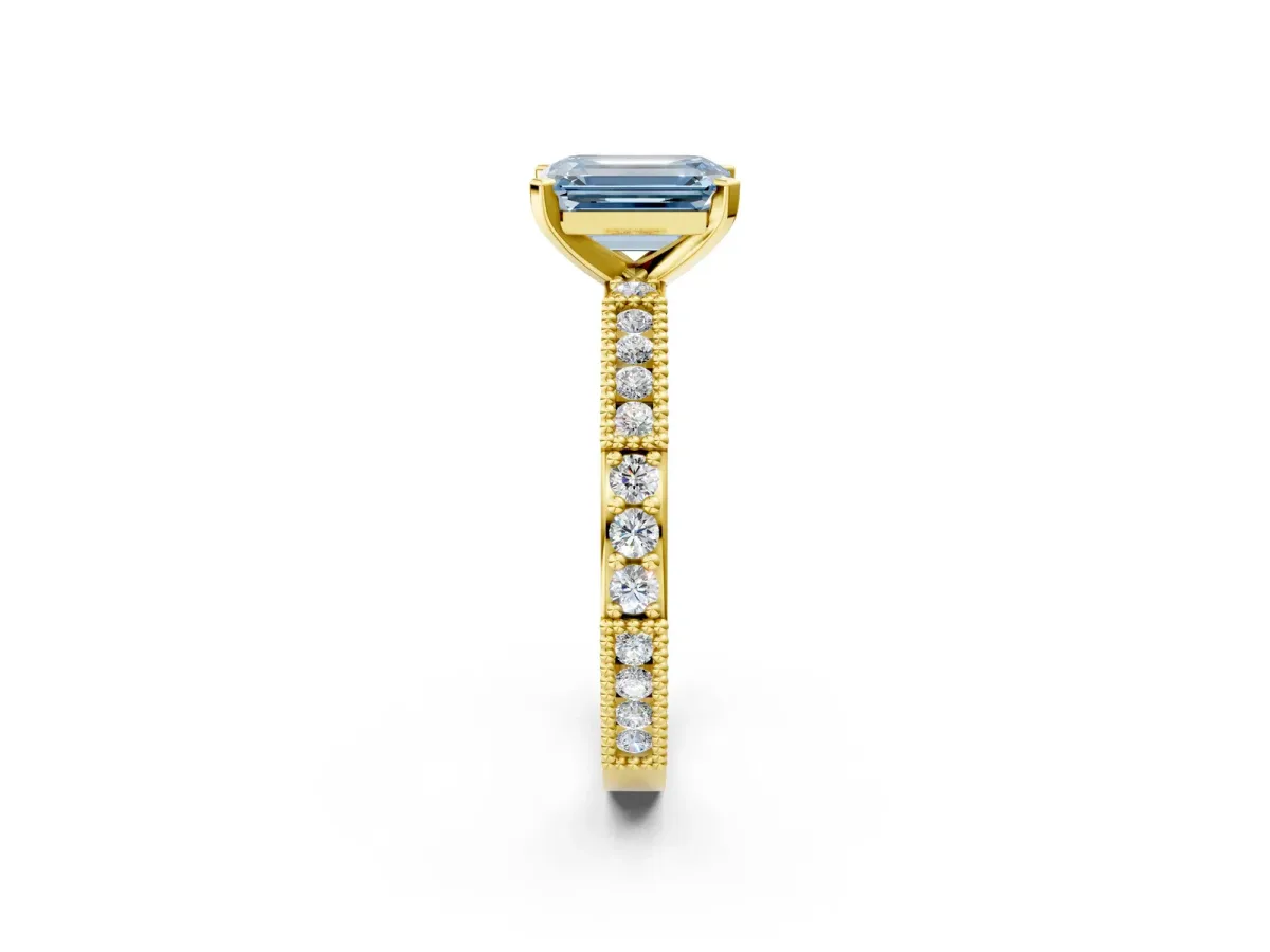 Fancy Blue Emerald Cut Solitaire with Pavé Band and Four-Prong Setting Yellow gold