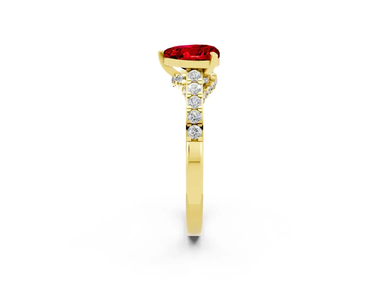 Heart Cut Ruby Solitaire Ring with Crossover Gallery and Round Pavé Band Yellow gold