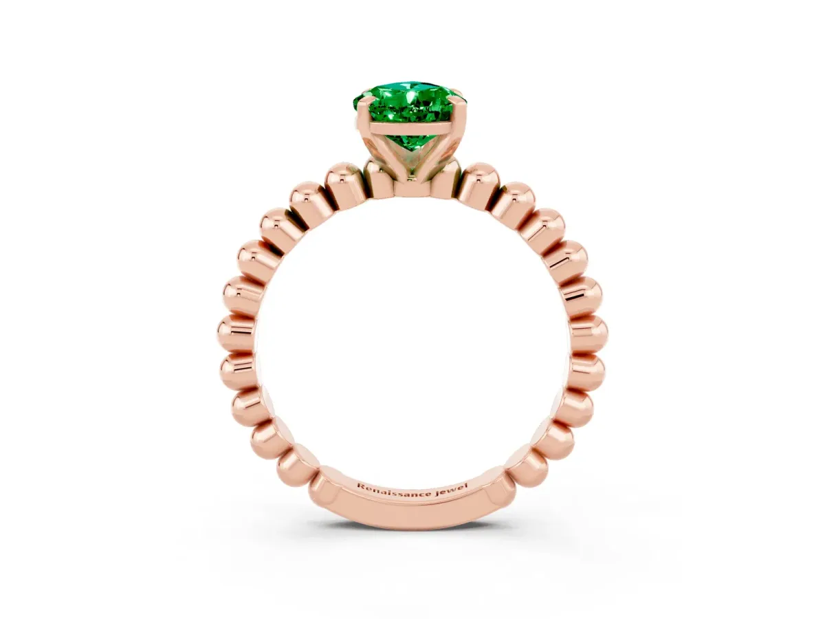Pear Cut Emerald Solitaire Ring with Beaded Band and Prong Setting Rose gold