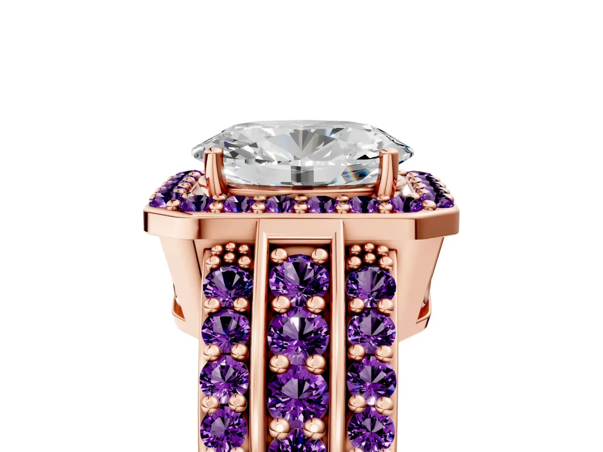 Oval Cut Halo Diamond Ring with Round Amethyst Split Shank and Prong Setting Rose gold