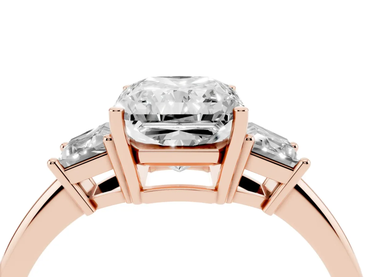 Radiant Cut Diamond Three-Stone Ring with Trapezoid Side Stones and Prong Setting Rose gold
