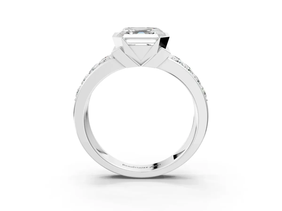 Asscher Cut Brilliant Diamond Channel Set Wide Band Ring with Bezel Setting Platinum