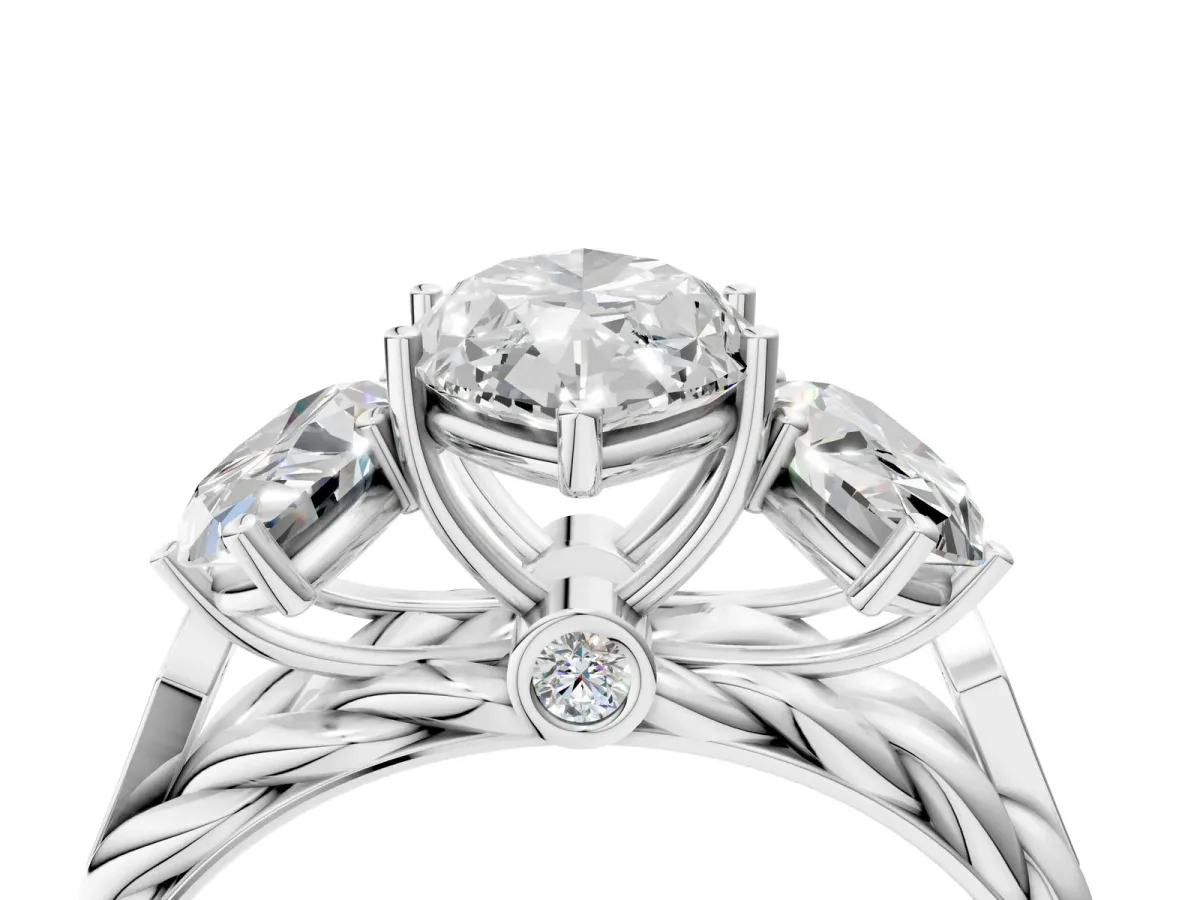 Three-Stone Marquise Cut Diamond Braided Band Ring with Four-Prong Setting White gold