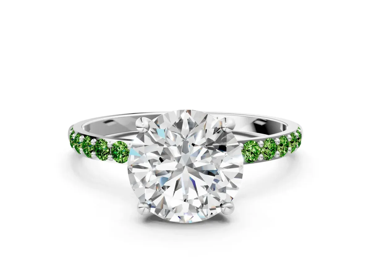 Round Cut Diamond Solitaire Ring with Round Peridot Pavé Band and Prong Setting Silver