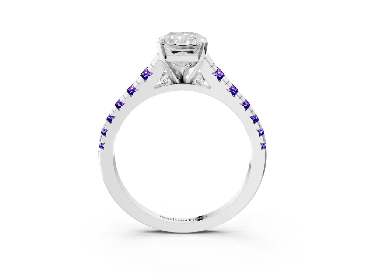 Radiant Cut Diamond Cathedral Solitaire Ring with Round Tanzanite Pavé Band Silver