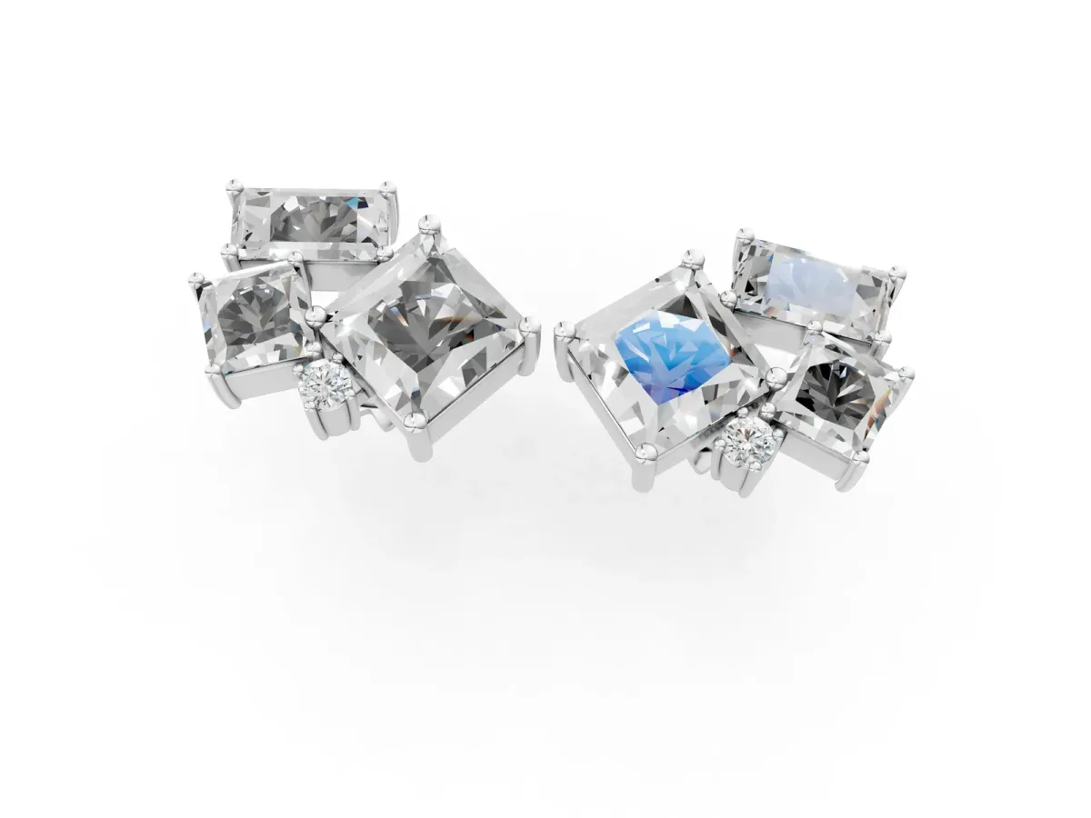 Baguette and Princess Diamond Mosaic Abstract Stud Earrings Silver