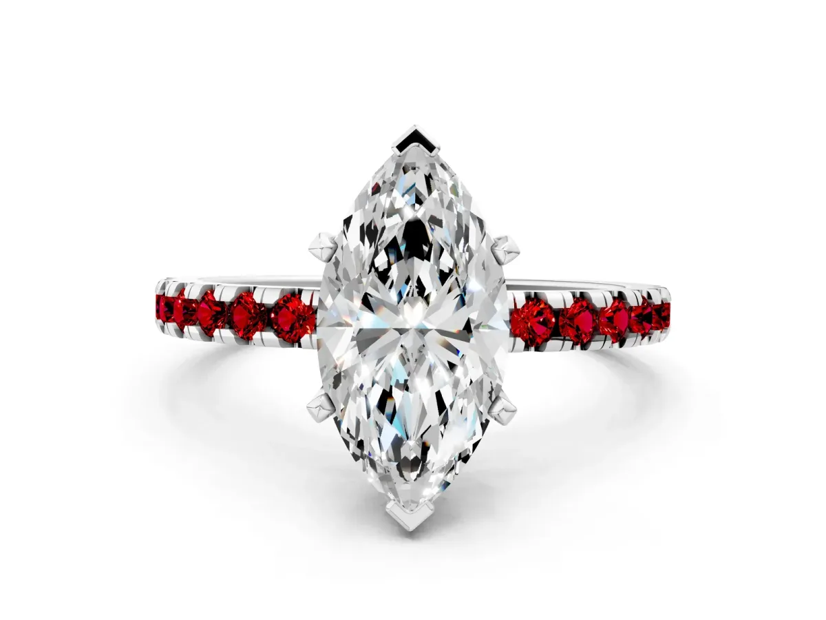 Marquise Cut Diamond Solitaire Ring with Round Ruby Pavé Band and Four-Prong Setting Platinum