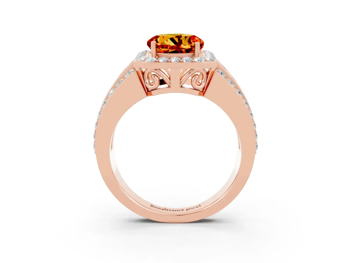 Round Cut Halo Citrine Ring with Round Split Shank and Prong Setting Rose gold