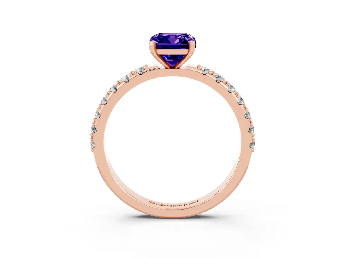 Emerald Cut Tanzanite Solitaire Pavé Band with Four-Prong Setting Rose gold