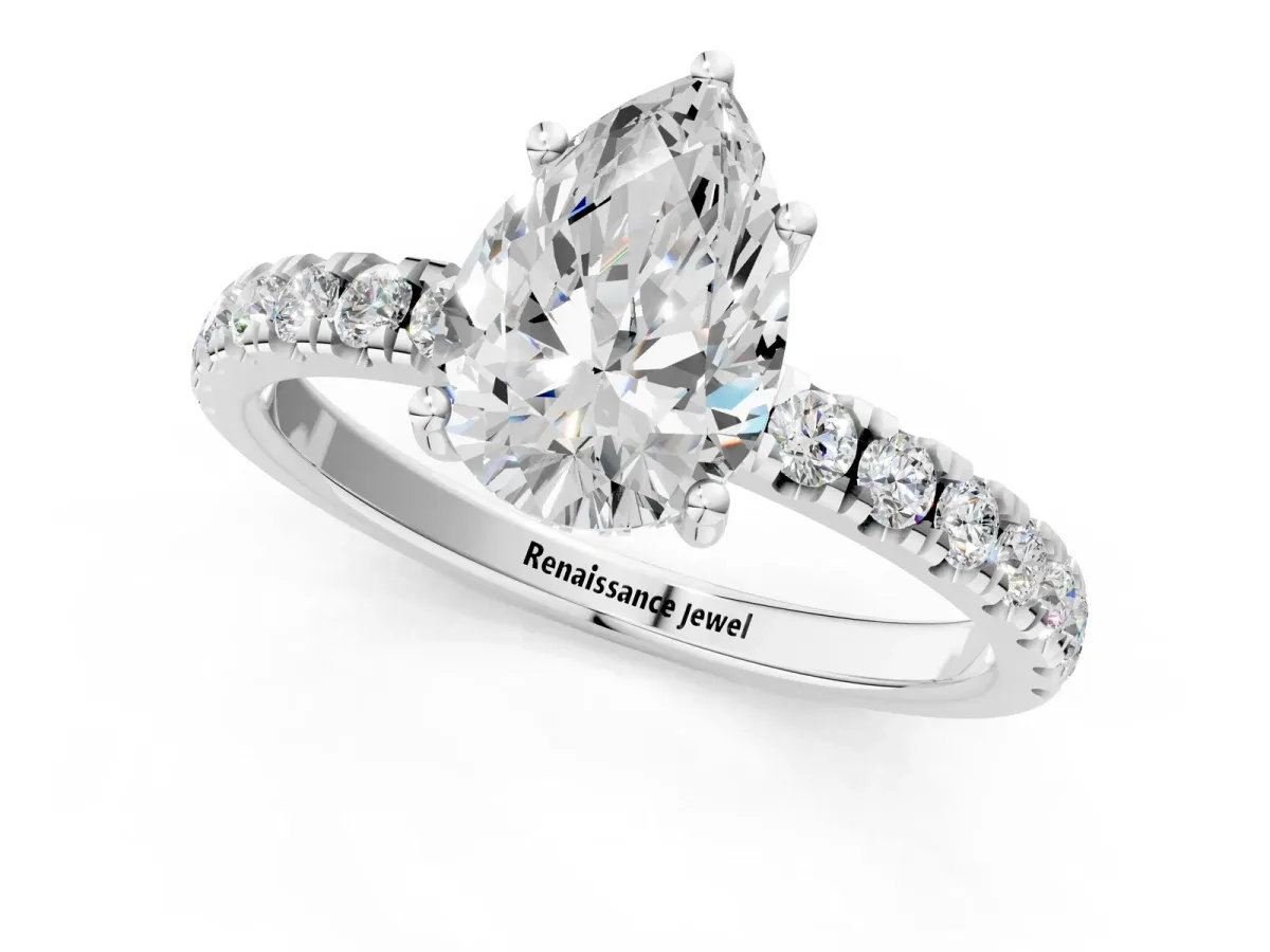 Pear Cut Diamond Pave Band Solitaire Ring with Round Moissanite and Prong Setting Platinum