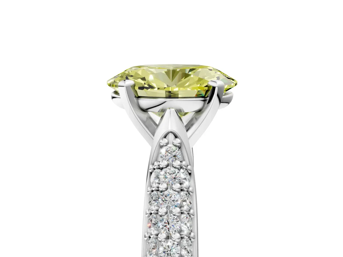Fancy Yellow Oval Cut Diamond Solitaire Engagement Ring with Multi-Row Round Pavé Band and Prong Setting Silver