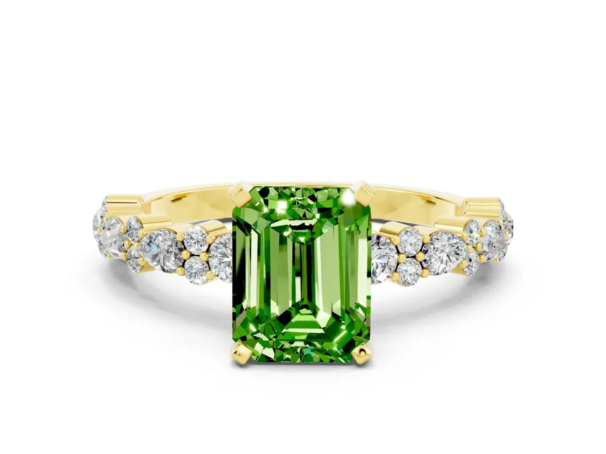 Emerald Cut Peridot Side Stone Solitaire Ring with Round and Four-Prong Setting Yellow gold
