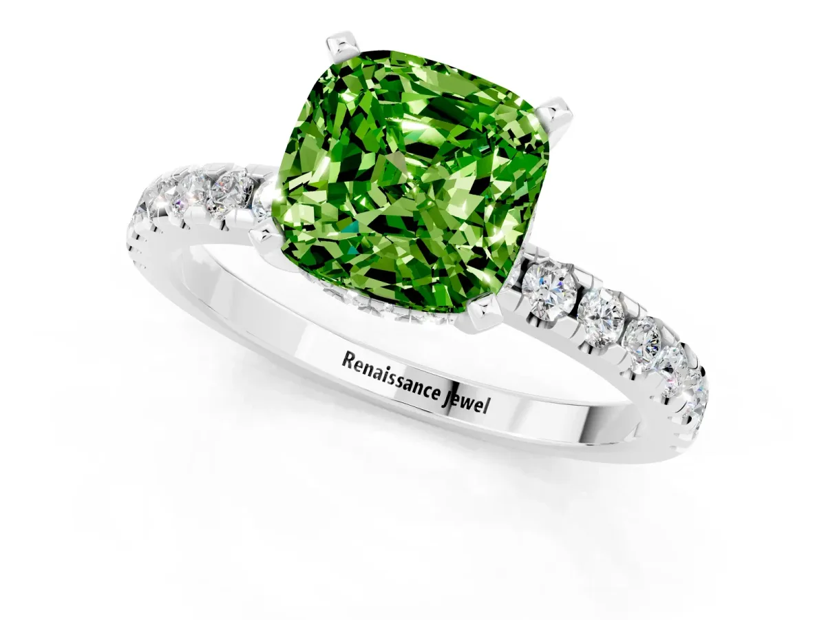Cushion Cut Peridot Solitaire Ring with Round Pavé Band and Four-Prong Setting Silver