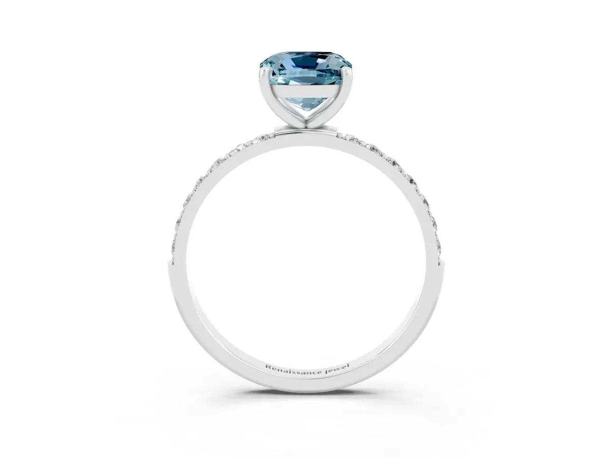 Cushion Cut Aquamarine Solitaire Ring with Round Pavé Band and Prong Setting Silver