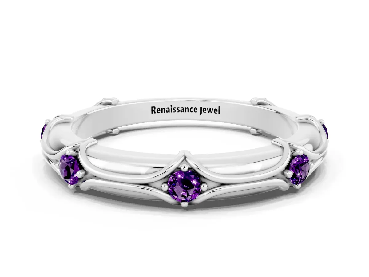 Round Amethyst Prong Set Milgrain Eternity Band Silver