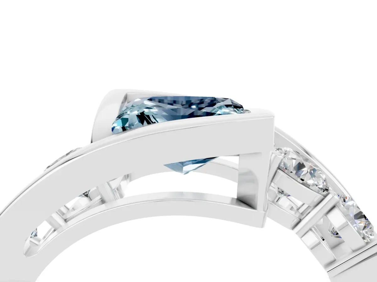 Bezel Set Princess Cut Aquamarine Bypass Ring with Round Accents Silver