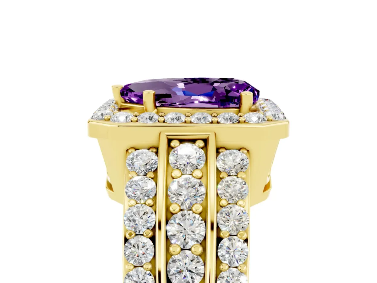 Pear Cut Halo Amethyst Ring with Round Split Shank and Prong Setting Yellow gold