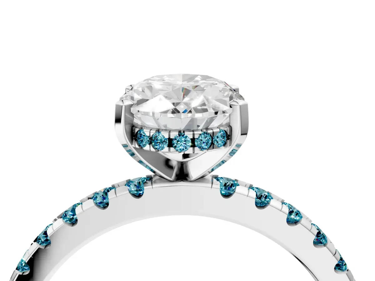 Oval Cut Diamond Solitaire Ring with Round Blue Topaz Pavé Band and Four-Prong Setting Silver