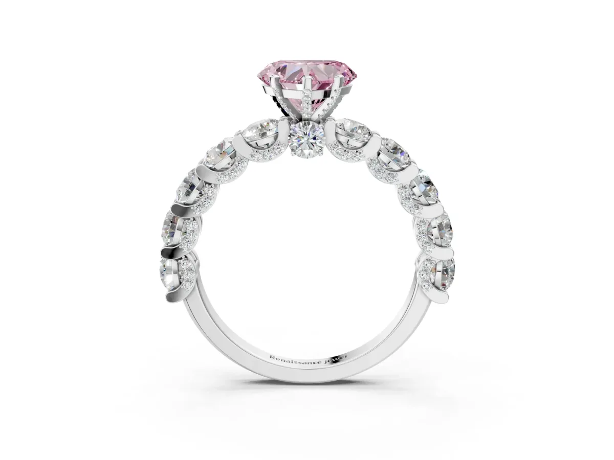 Fancy Pink Heart Cut Diamond Side Stone Engagement Ring with Four-Prong Setting White gold