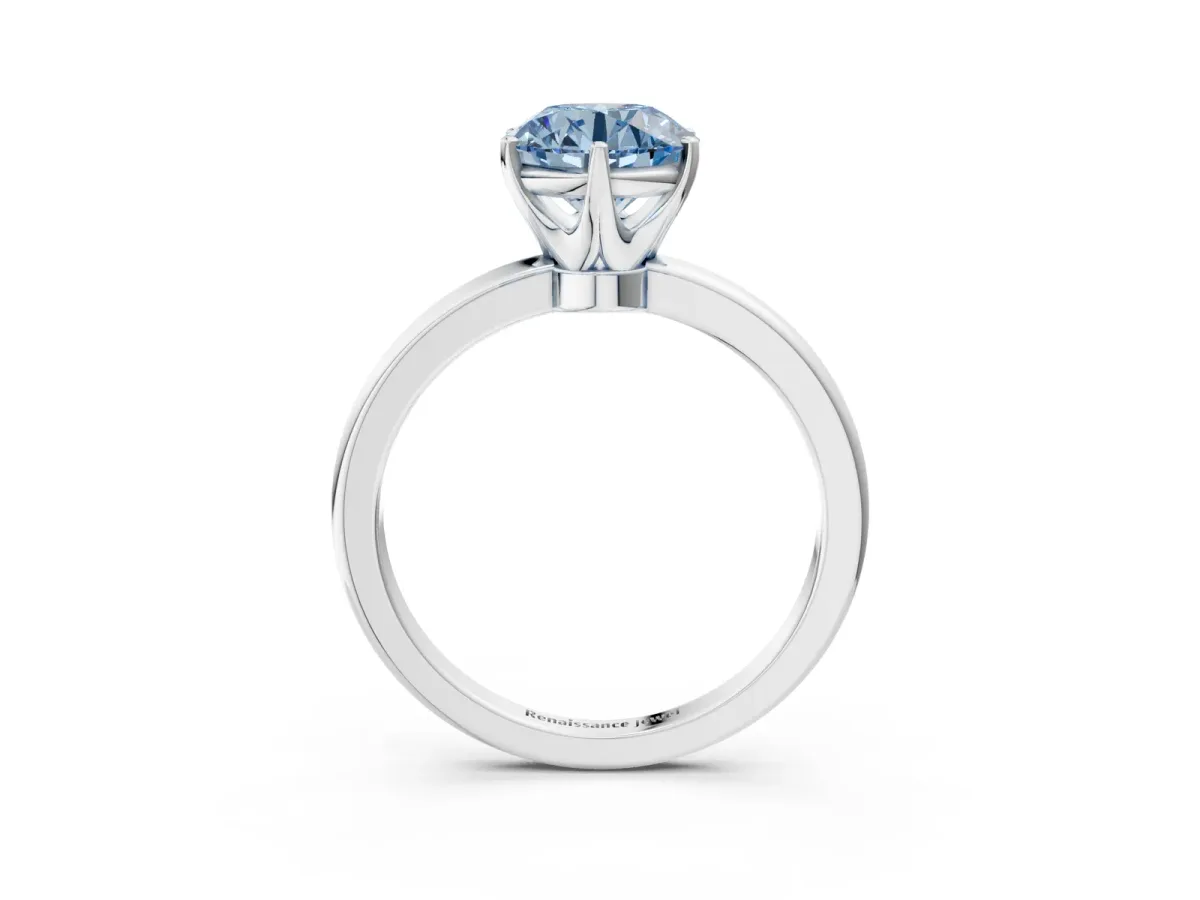 Fancy Blue Round Cut Solitaire Diamond Ring with Six-Prong Setting on a Classic Band White gold