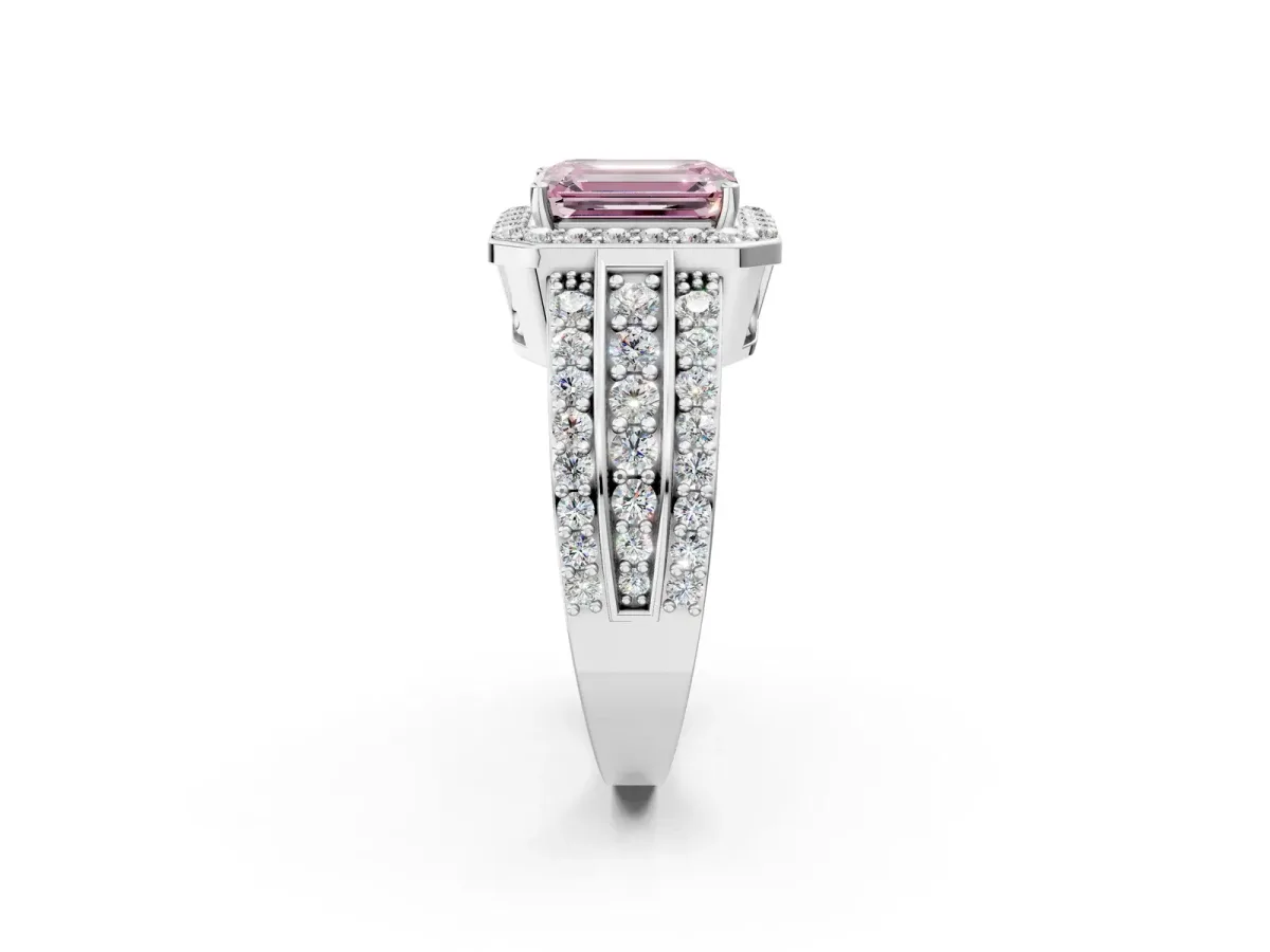 Fancy Pink Emerald Cut Halo Diamond Ring with Round Split Shank and Prong Setting Platinum