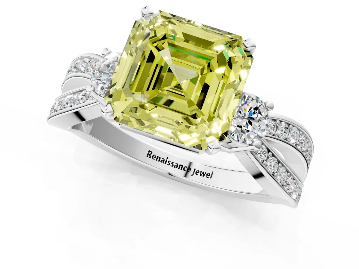Fancy Yellow Three-Stone Asscher Cut Cut Diamond Twist Band with Prong Setting Platinum