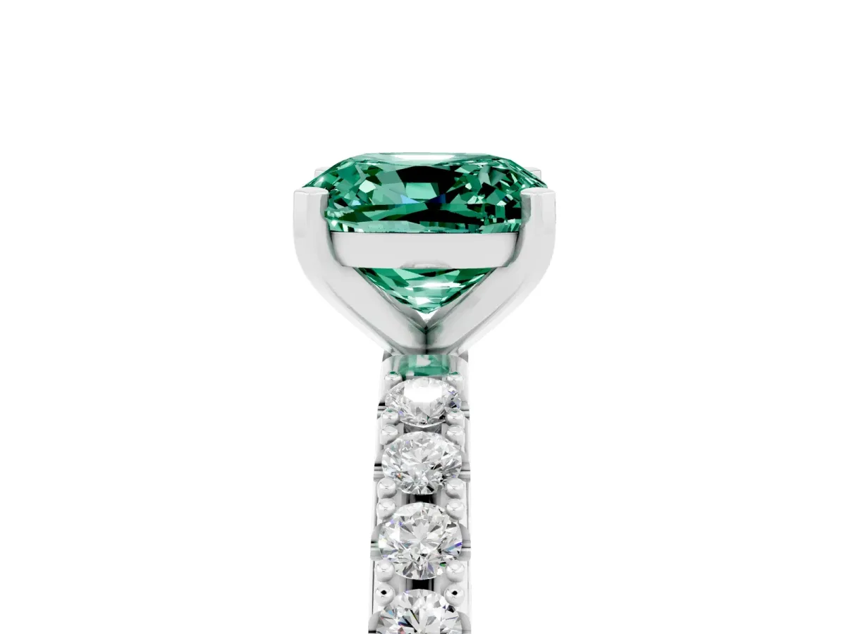 Cushion Cut Green Sapphire Solitaire Pavé Band with Four-Prong Setting Silver